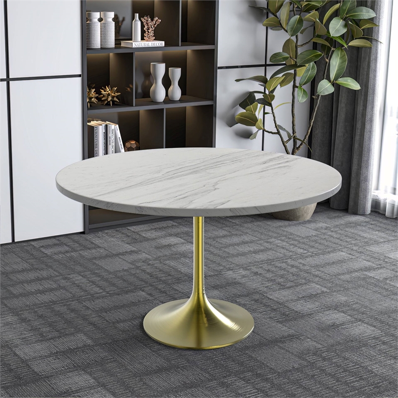 LeisureMod Verve Round Dining Table with Resin Top and Brushed Gold Base 48