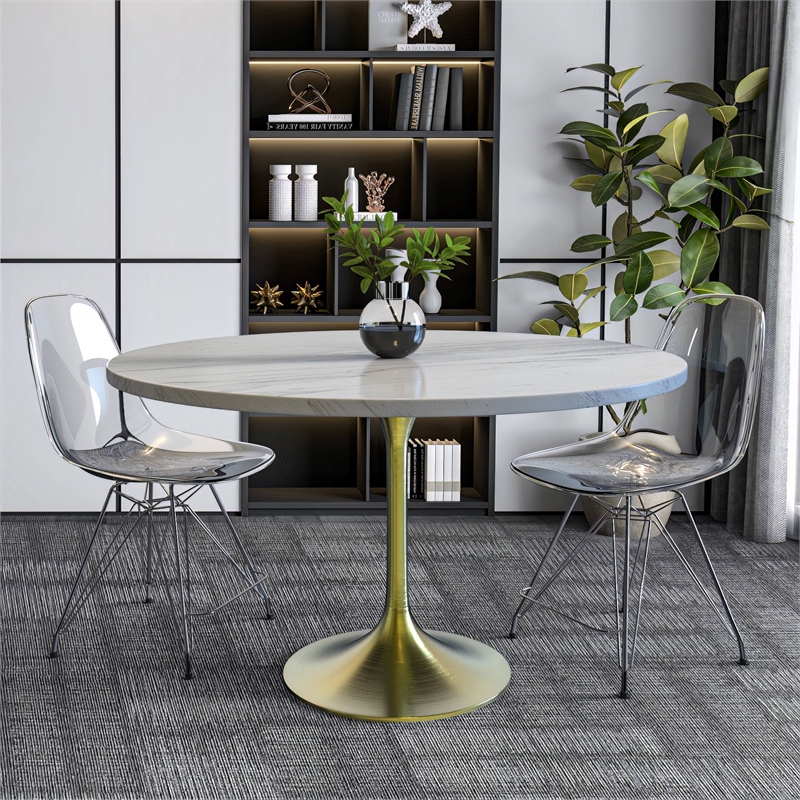 LeisureMod Verve Round Dining Table with Resin Top and Brushed Gold Base 48