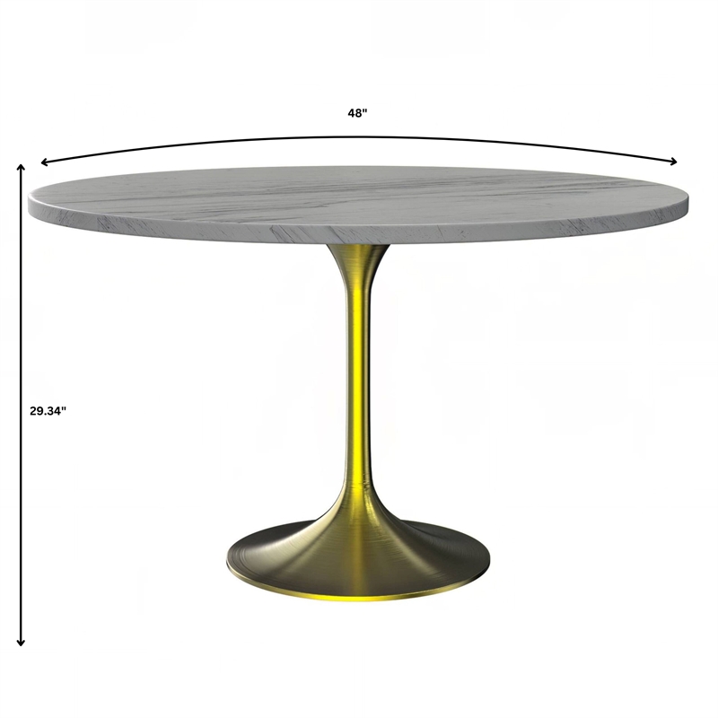 LeisureMod Verve Round Dining Table with Resin Top and Brushed Gold Base 48