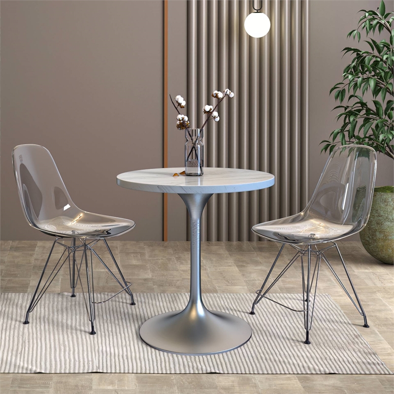 LeisureMod Verve Round Dining Table with Resin Top and Brushed Chrome Base 27