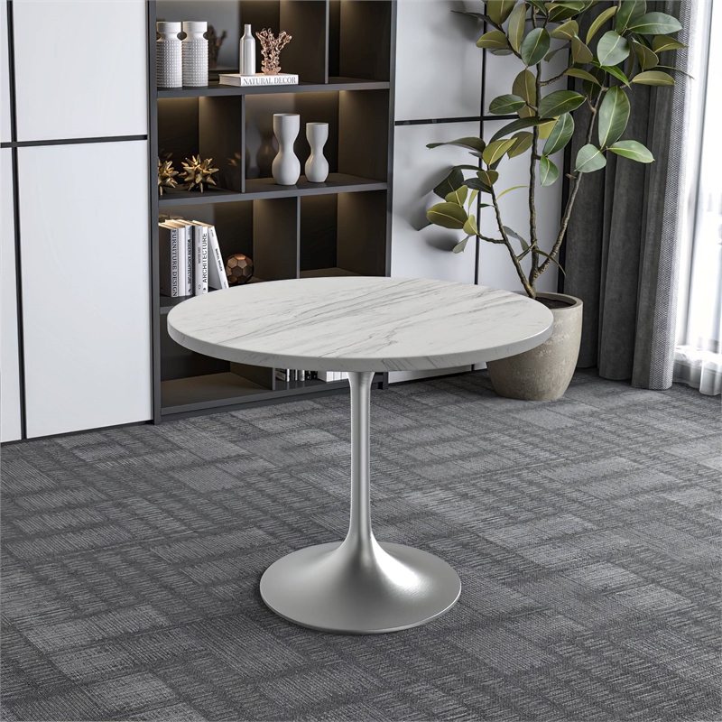 LeisureMod Verve Round Dining Table with Resin Top and Brushed Chrome Base 36