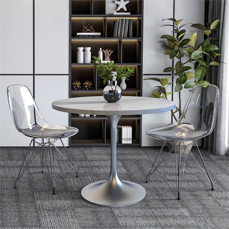 LeisureMod Verve Round Dining Table with Resin Top and Brushed Chrome Base 36