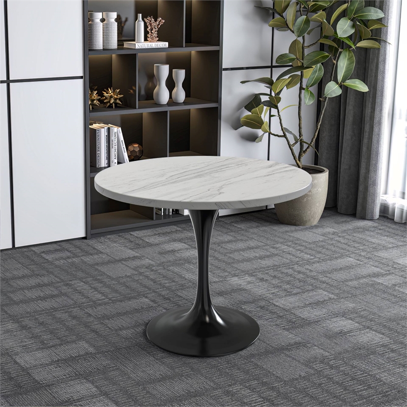 LeisureMod Verve Round Dining Table with White Resin Top and Black Base 36 Inch