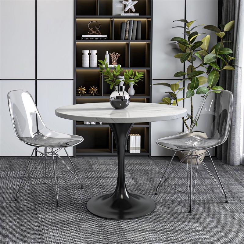 LeisureMod Verve Round Dining Table with White Resin Top and Black Base 36 Inch