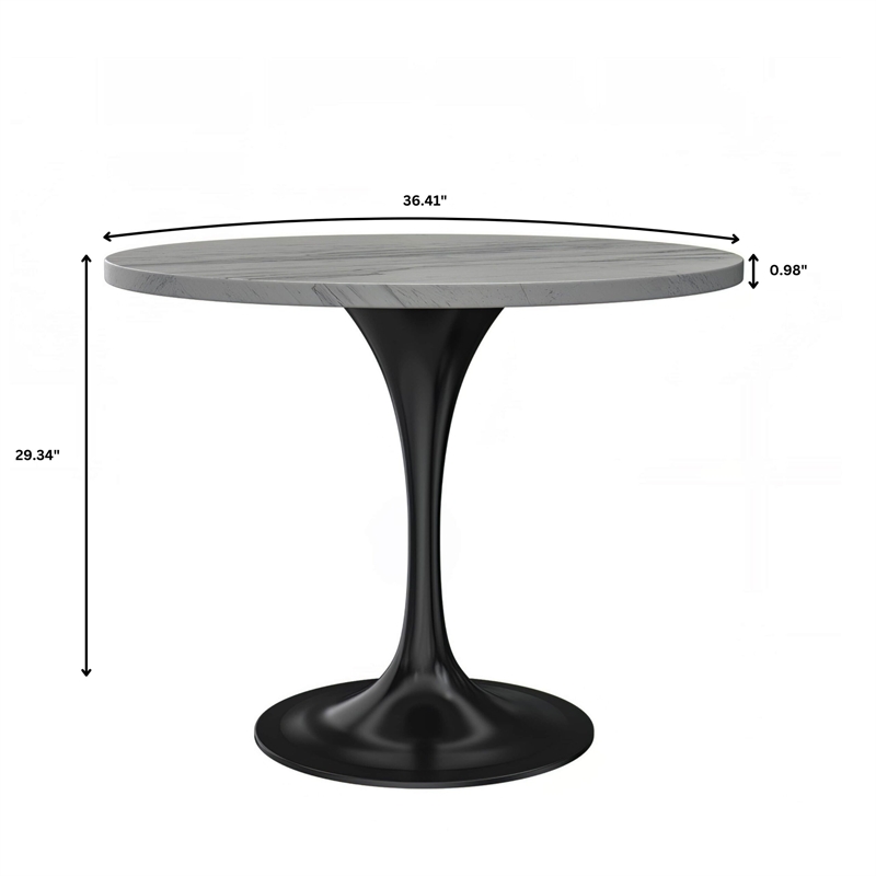 LeisureMod Verve Round Dining Table with White Resin Top and Black Base 36 Inch