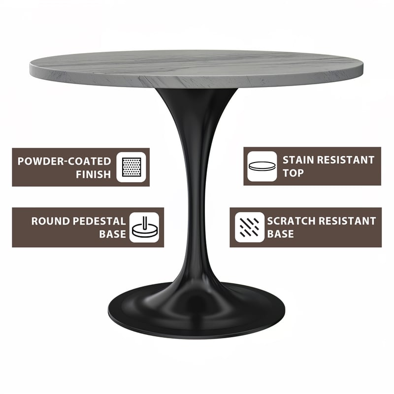 LeisureMod Verve Round Dining Table with White Resin Top and Black Base 36 Inch