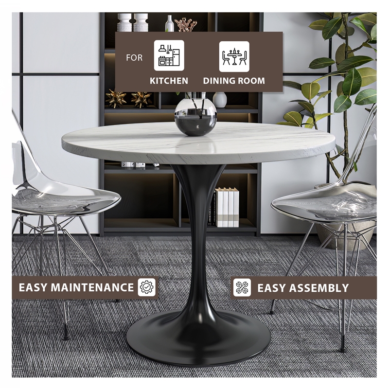 LeisureMod Verve Round Dining Table with White Resin Top and Black Base 36 Inch