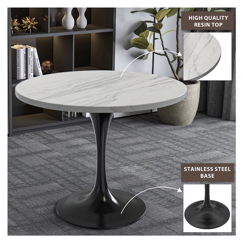 LeisureMod Verve Round Dining Table with White Resin Top and Black Base 36 Inch
