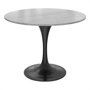 LeisureMod Verve 36&quot Round Dining Table Stone Top and Black Steel Base White