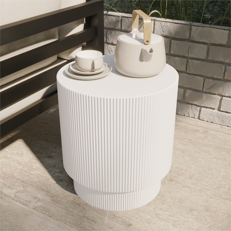 LeisureMod Fiberstone Side Table Round Accent End Table Eden Series in White