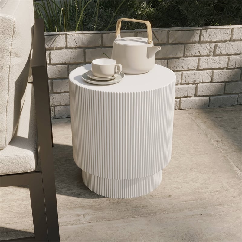 LeisureMod Fiberstone Side Table Round Accent End Table Eden Series in White