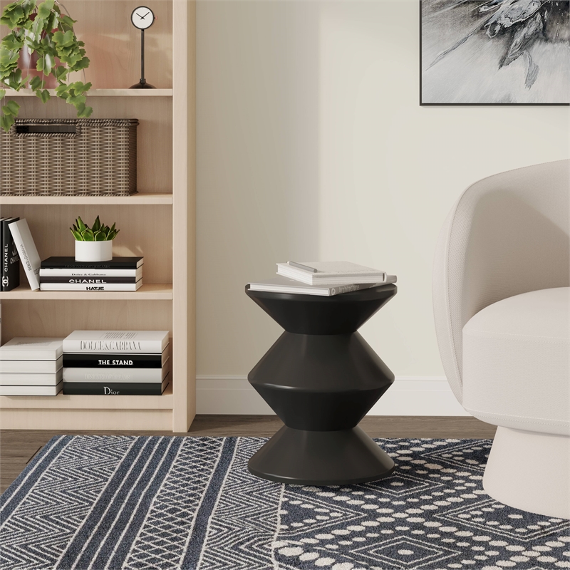 LeisureMod Round Side Table in ABS Plastic Double-Hourglass Design in Black