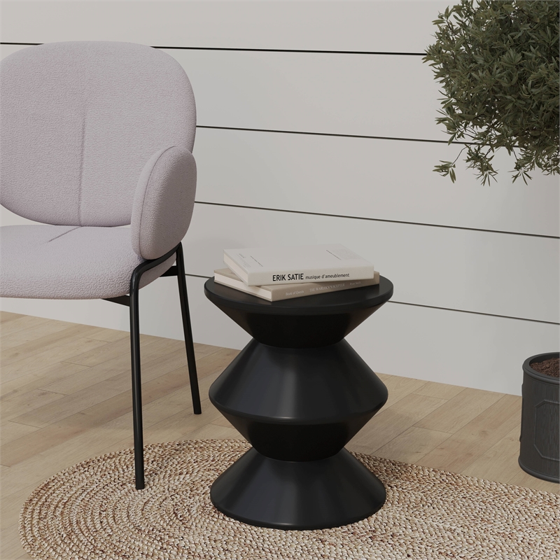 LeisureMod Round Side Table in ABS Plastic Double-Hourglass Design in Black