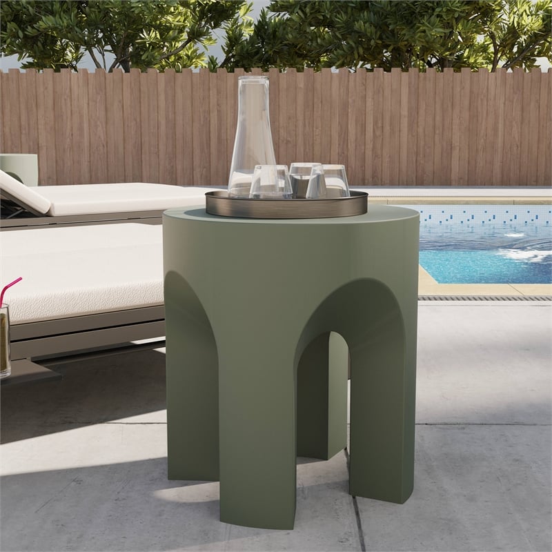 LeisureMod Round Fiberstone Side Table Arched Base Crus Series in Gray