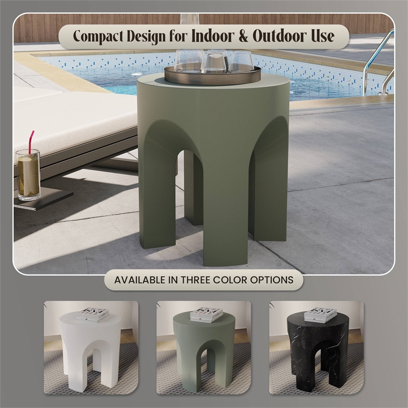 LeisureMod Round Fiberstone Side Table Arched Base Crus Series in Gray