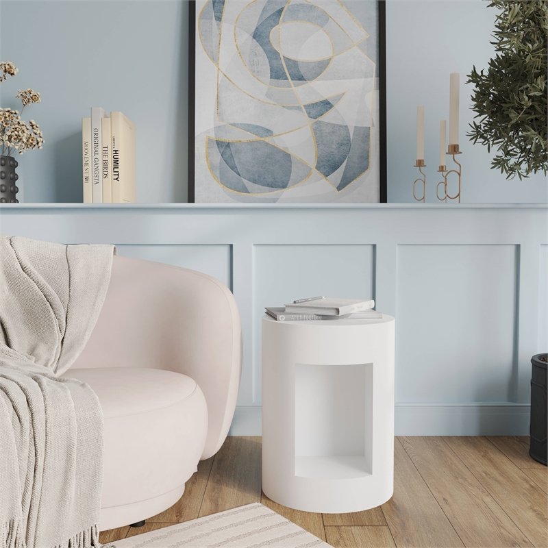LeisureMod Round Fiberstone Side Table With Open Storage in White