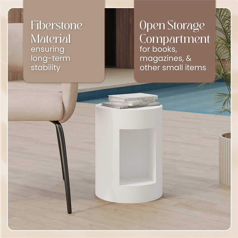 LeisureMod Round Fiberstone Side Table With Open Storage in White
