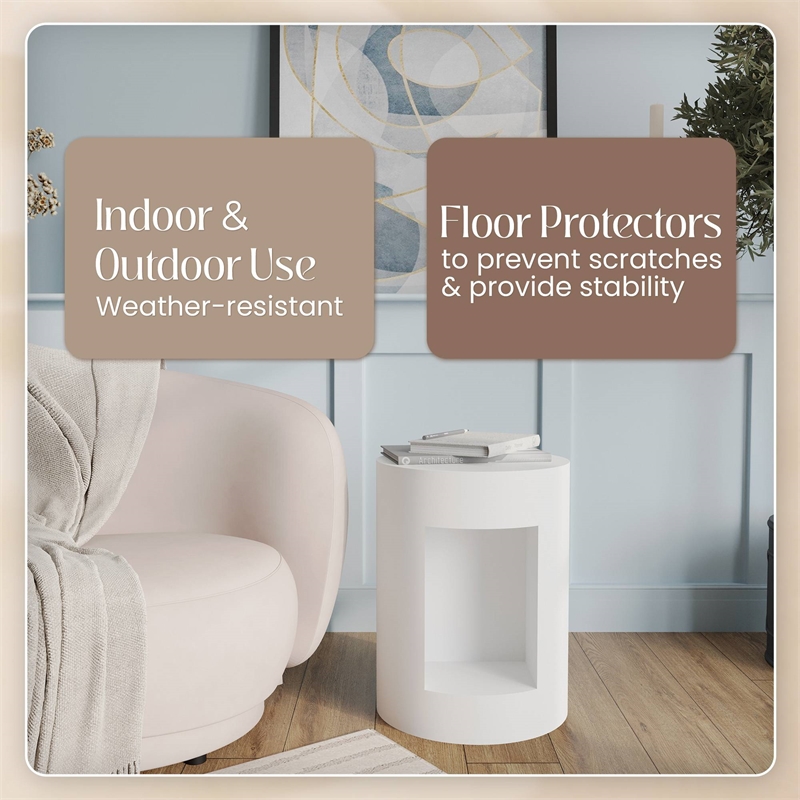 LeisureMod Round Fiberstone Side Table With Open Storage in White
