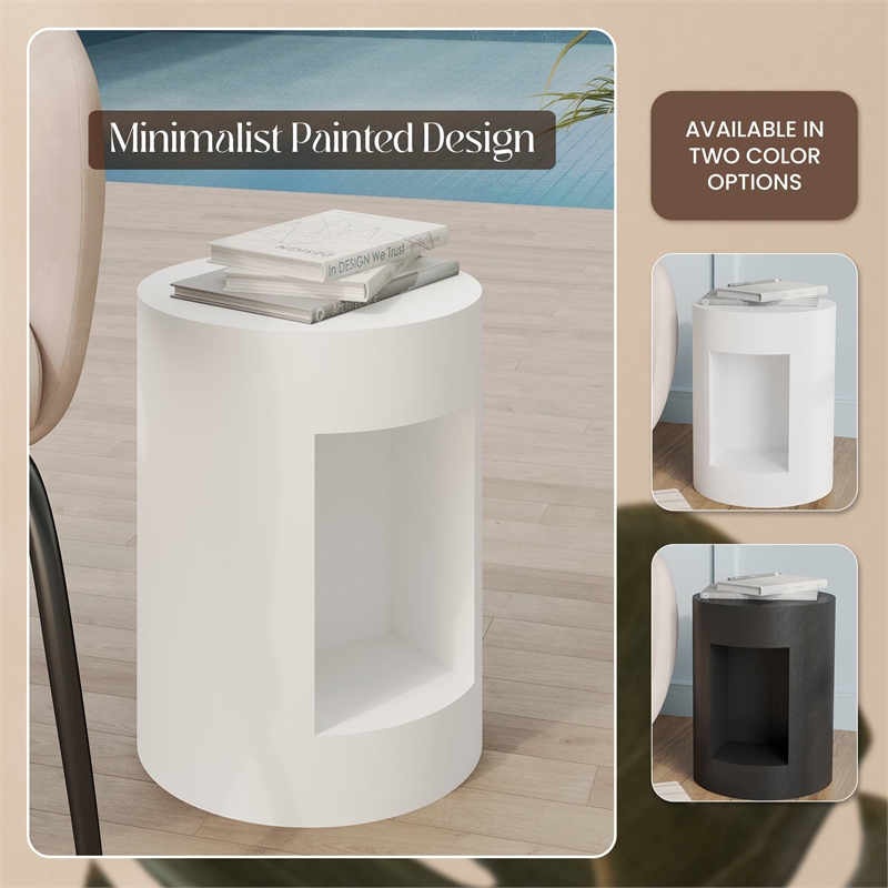 LeisureMod Round Fiberstone Side Table With Open Storage in White