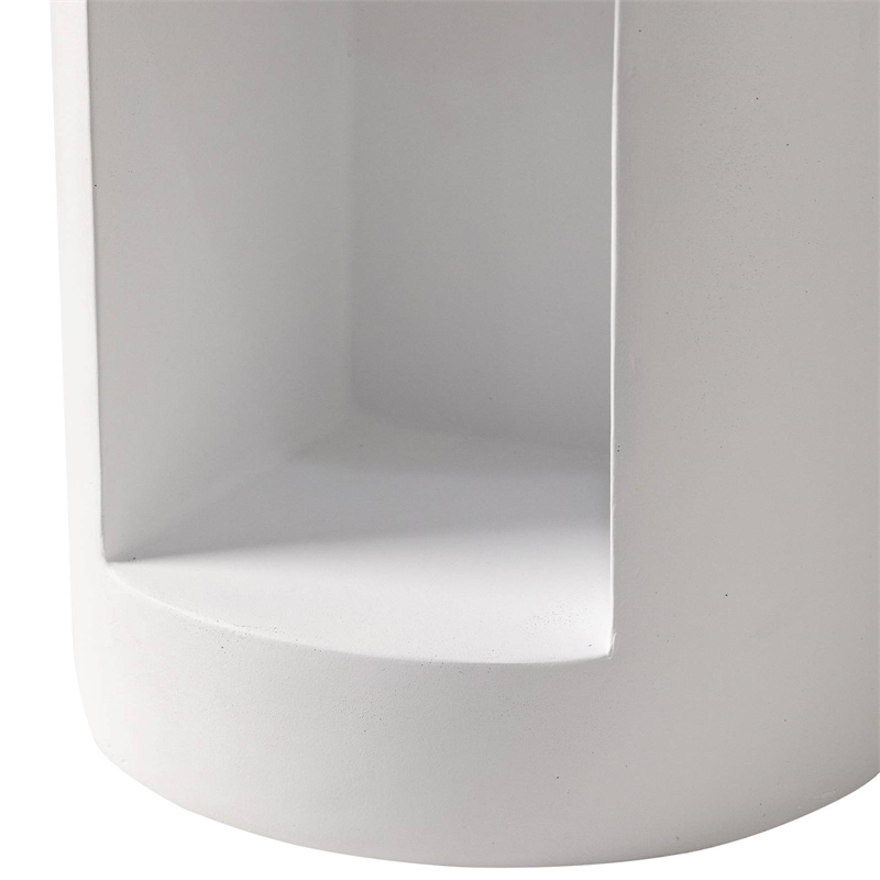 LeisureMod Round Fiberstone Side Table With Open Storage in White