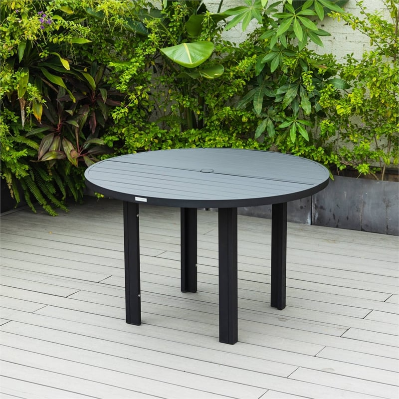 Round Slatted Dining Table Powder-Coated Aluminum with Umbrella Hole in Black