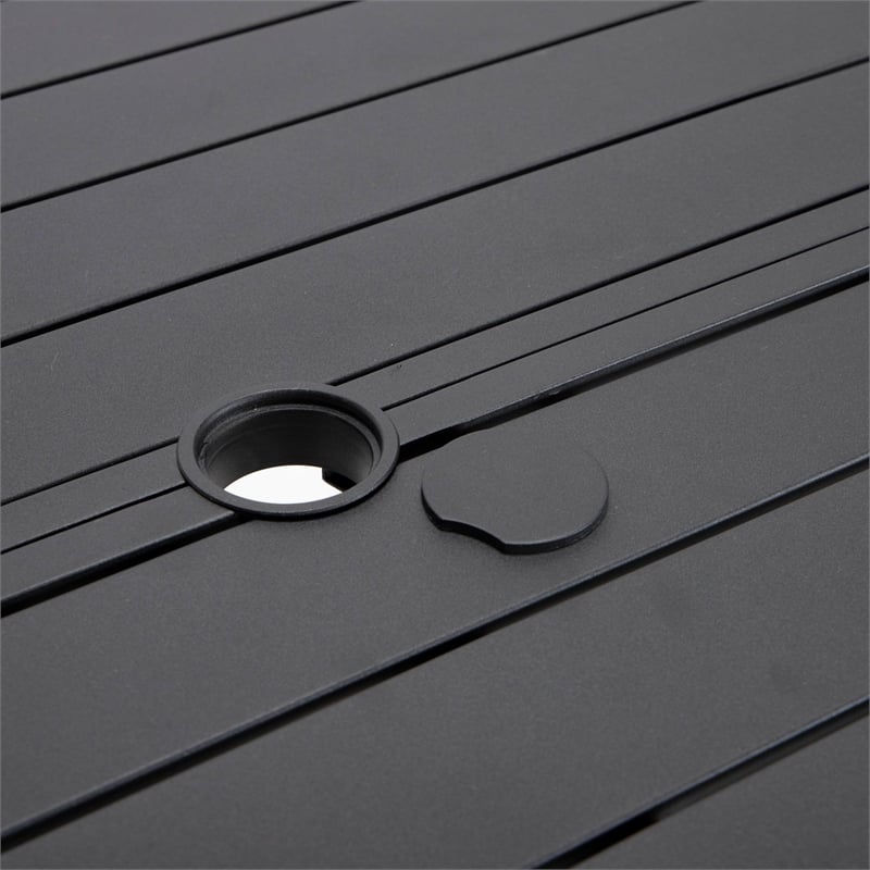 Round Slatted Dining Table Powder-Coated Aluminum with Umbrella Hole in Black