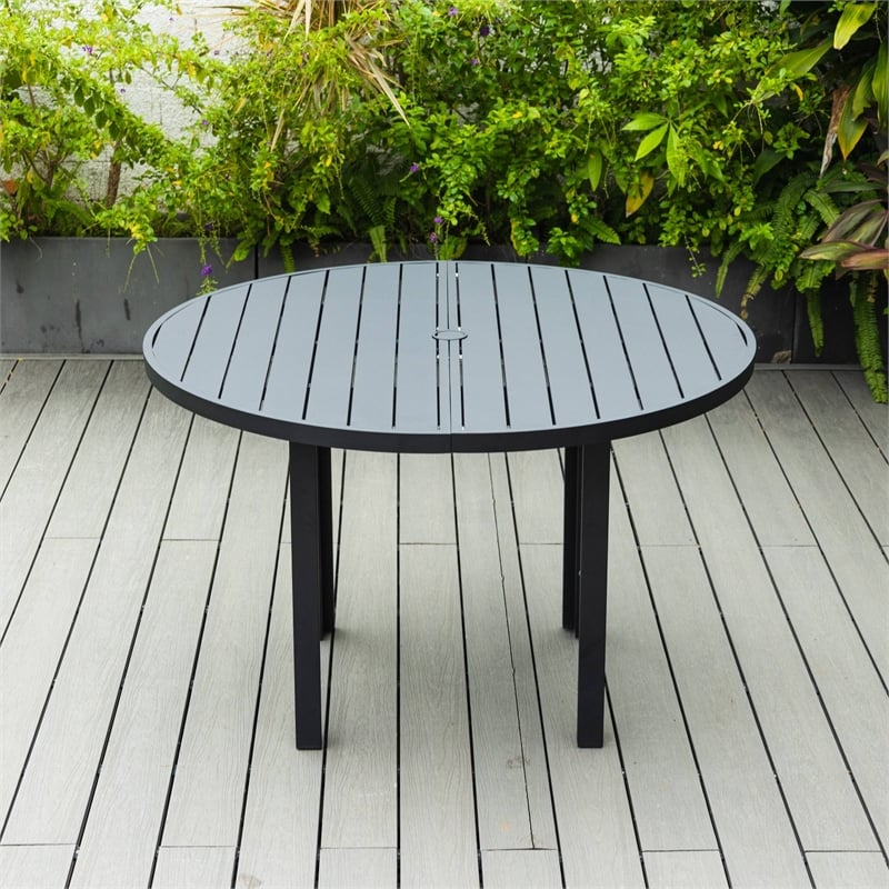 Round Slatted Dining Table Powder-Coated Aluminum with Umbrella Hole in Black