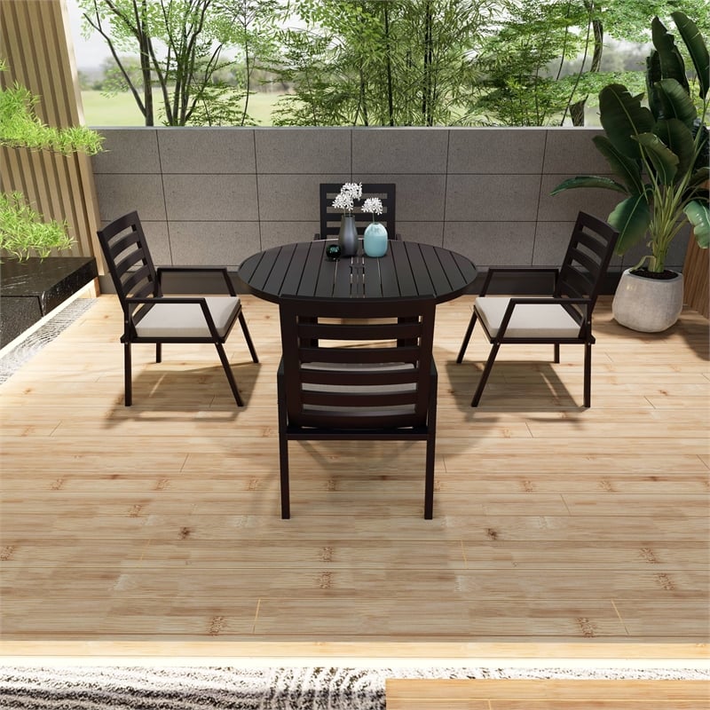 Round Slatted Dining Table Powder-Coated Aluminum with Umbrella Hole in Black