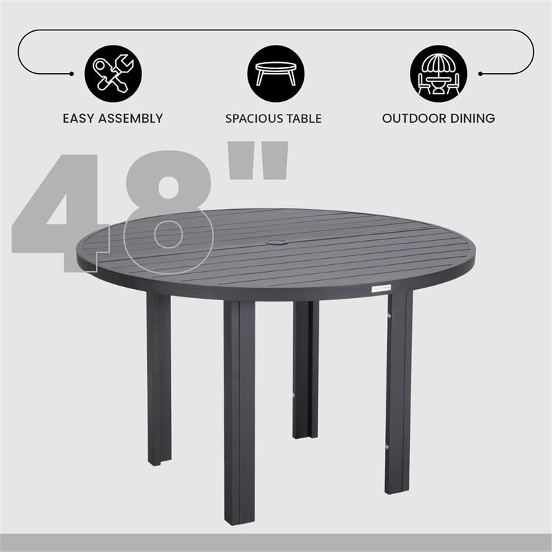 Round Slatted Dining Table Powder-Coated Aluminum with Umbrella Hole in Black
