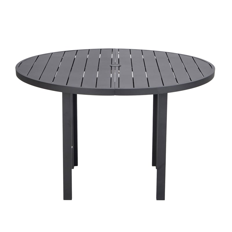 Round Slatted Dining Table Powder-Coated Aluminum with Umbrella Hole in Black