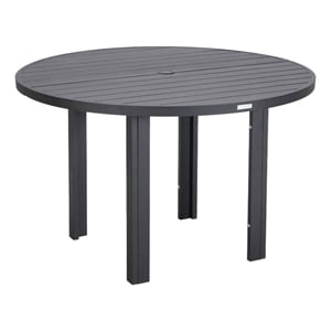 Round Slatted Dining Table Powder-Coated Aluminum with Umbrella Hole in Black