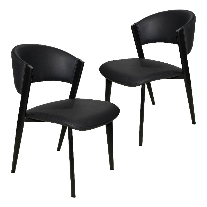 Leather Dining Chair with Curved Open-Back and Iron Legs Set of 2 in Black