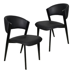 Leather Dining Chair with Curved Open-Back and Iron Legs Set of 2 in Black