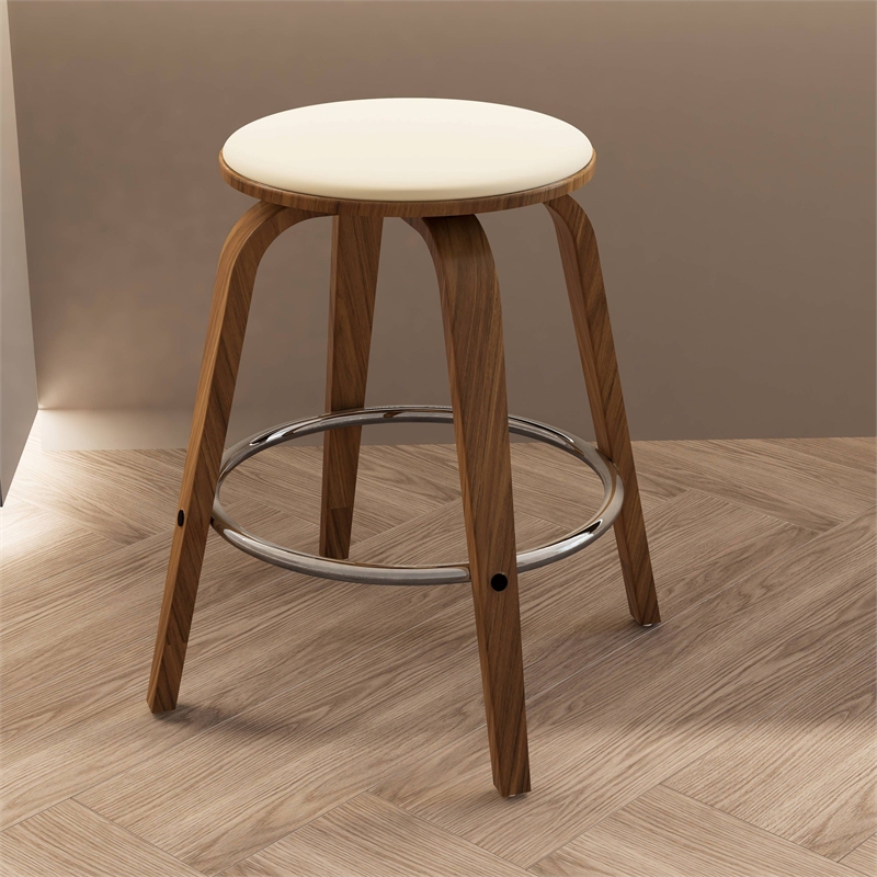 Leather Counter Stool with Poplar Wood Frame and Swivel in Walnut/Cream