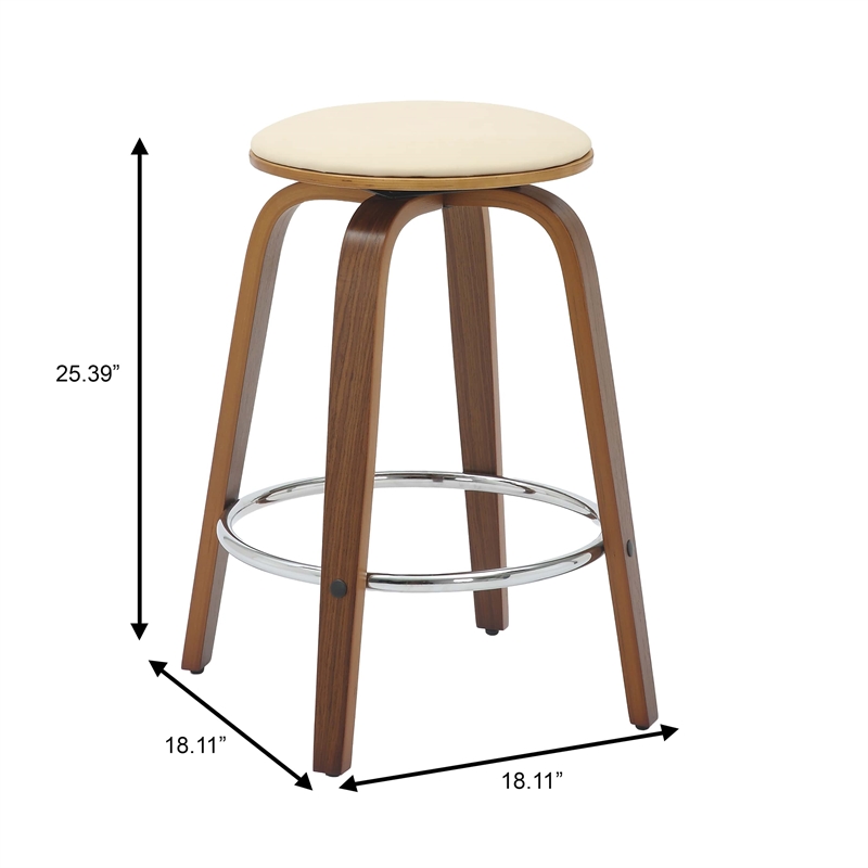 Leather Counter Stool with Poplar Wood Frame and Swivel in Walnut/Cream