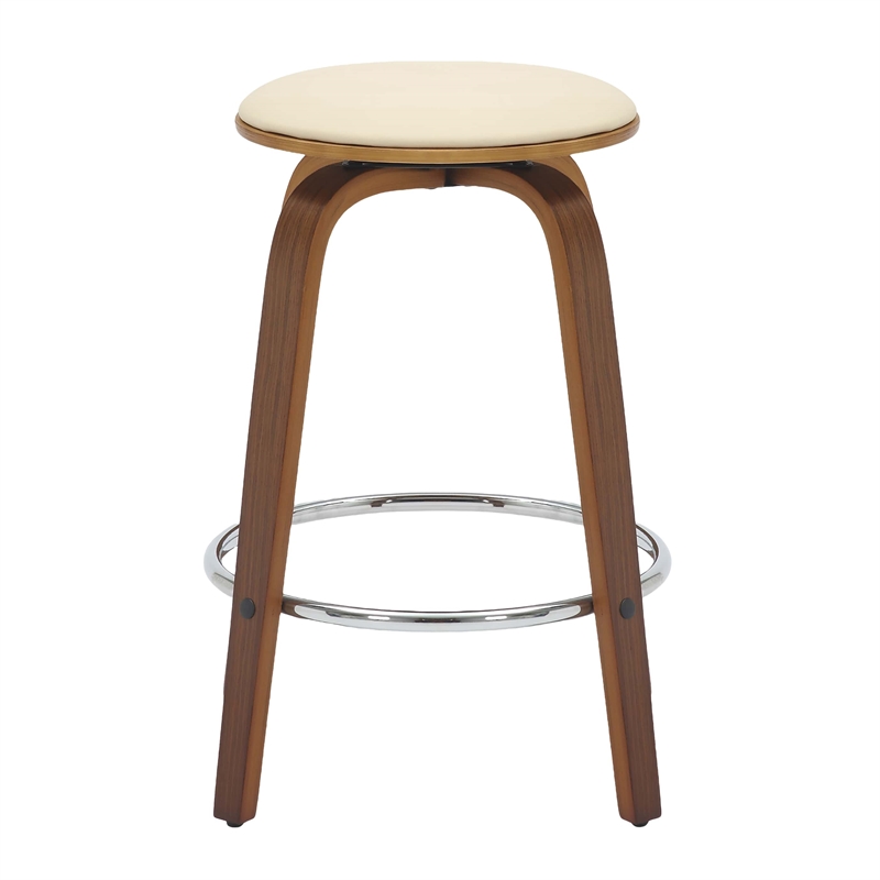 Leather Counter Stool with Poplar Wood Frame and Swivel in Walnut/Cream