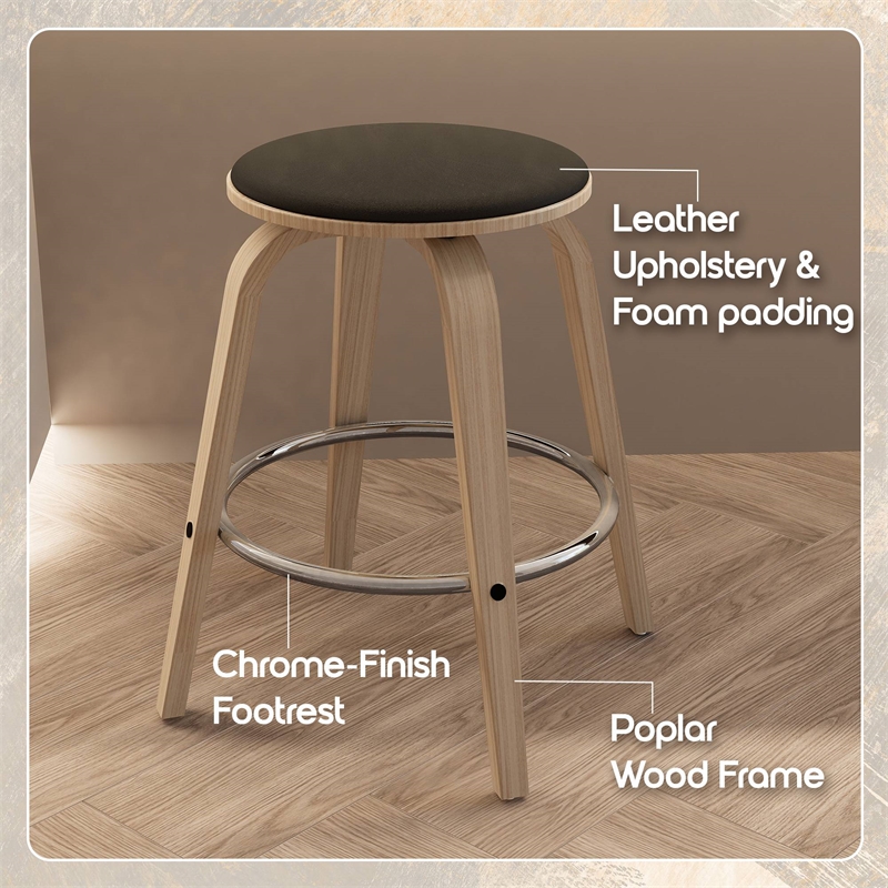 Leather Counter Stool with Poplar Wood Frame and Swivel in Washed Walnut/Black