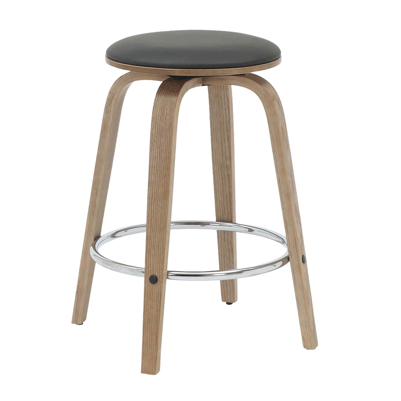Leather Counter Stool with Poplar Wood Frame and Swivel in Washed Walnut/Black