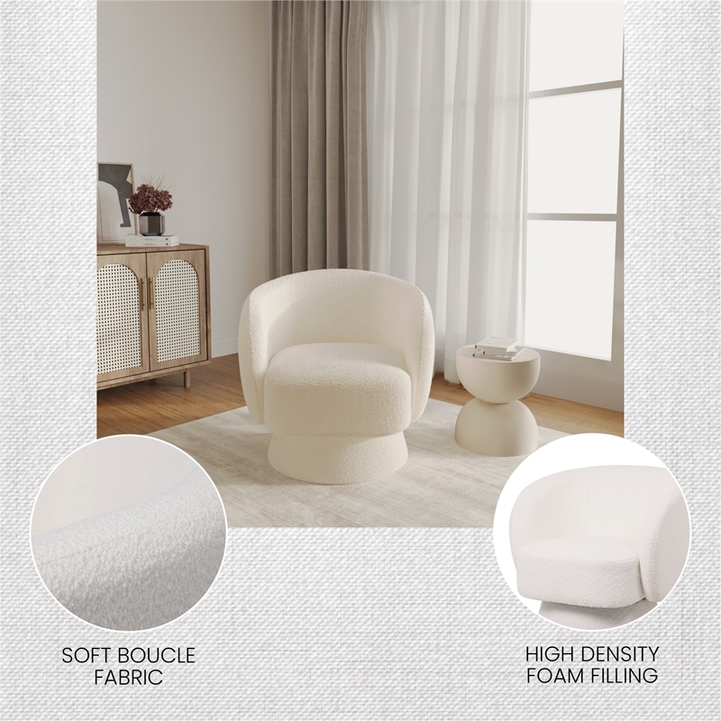 Accent Chair in Fabric Armchair with Removable Base and Swivel in White Boucle