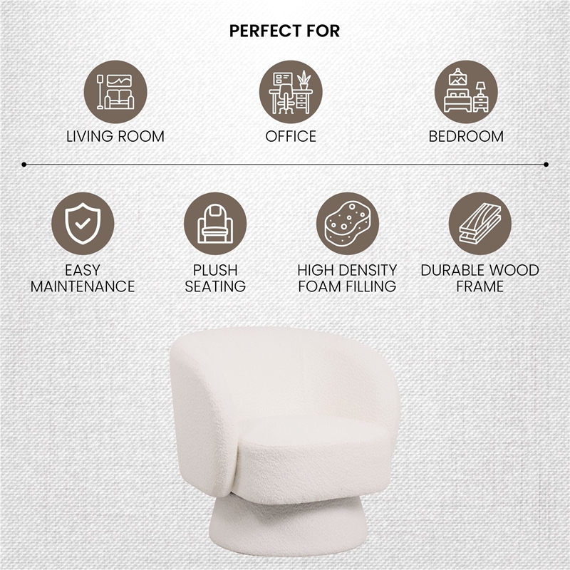 Accent Chair in Fabric Armchair with Removable Base and Swivel in White Boucle