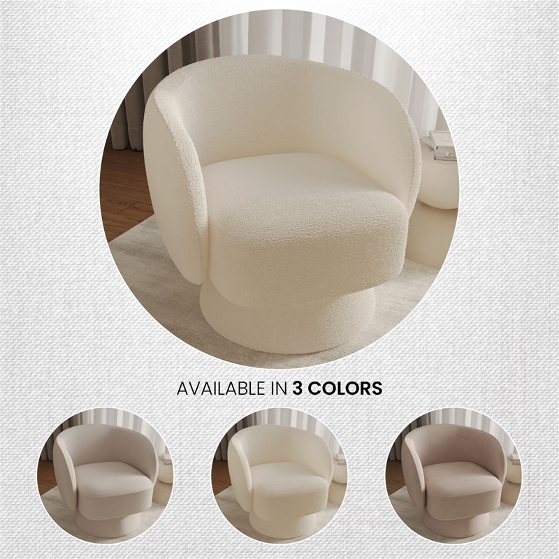 Accent Chair in Fabric Armchair with Removable Base and Swivel in White Boucle