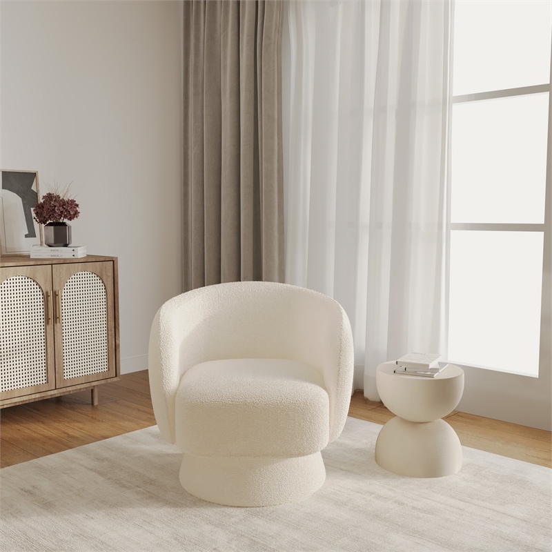 Accent Chair in Fabric Armchair with Removable Base and Swivel in White Boucle