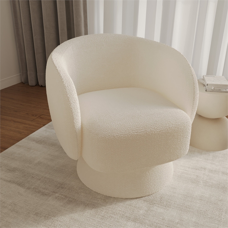 Accent Chair in Fabric Armchair with Removable Base and Swivel in White Boucle