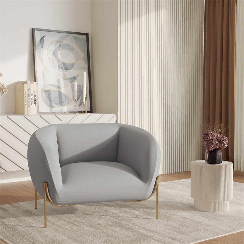 Upholstered Single Seater Sofa in Velvet with Gold Iron Legs in Light Gray