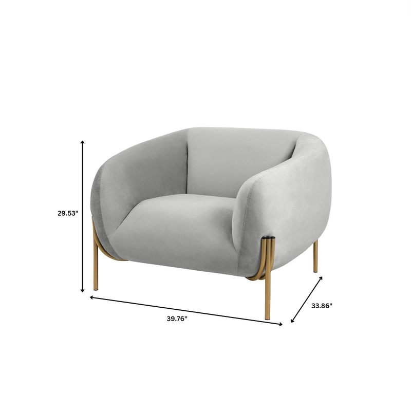 Upholstered Single Seater Sofa in Velvet with Gold Iron Legs in Light Gray