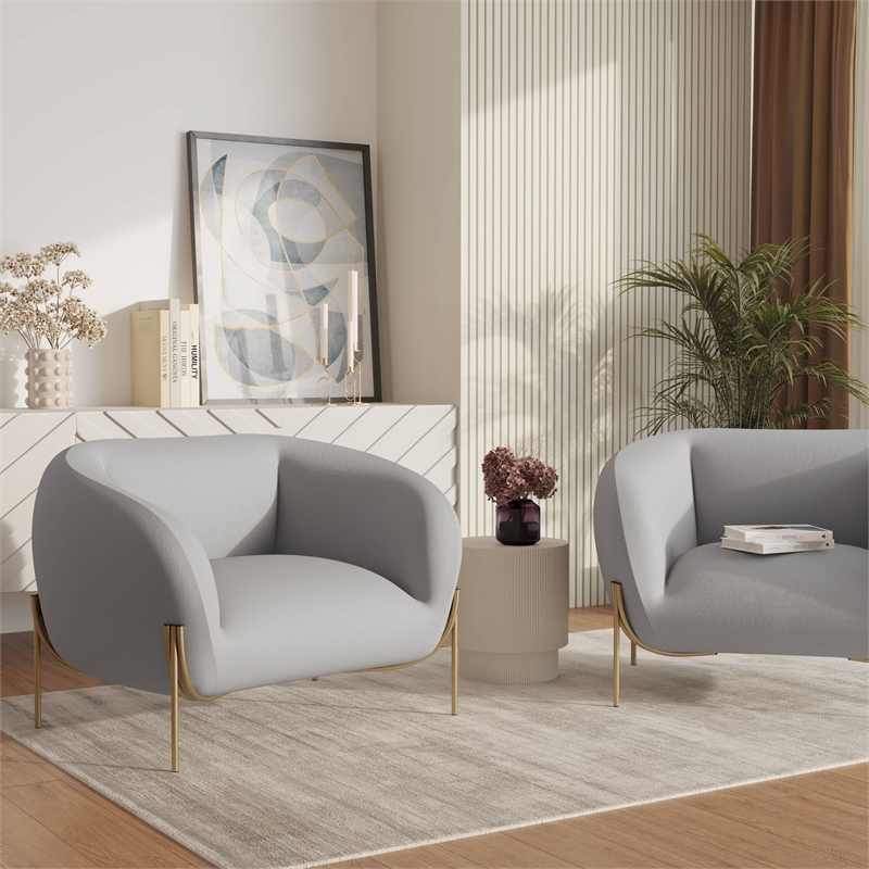 Upholstered Single Seater Sofa in Velvet with Gold Iron Legs in Light Gray