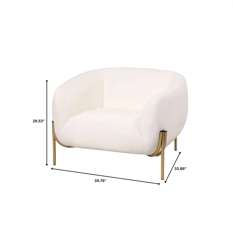 Upholstered Single Seater Sofa in Velvet with Gold Iron Legs in White