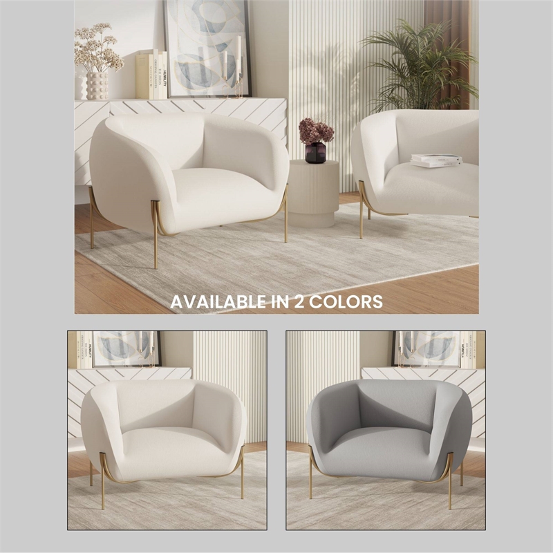 Upholstered Single Seater Sofa in Velvet with Gold Iron Legs in White