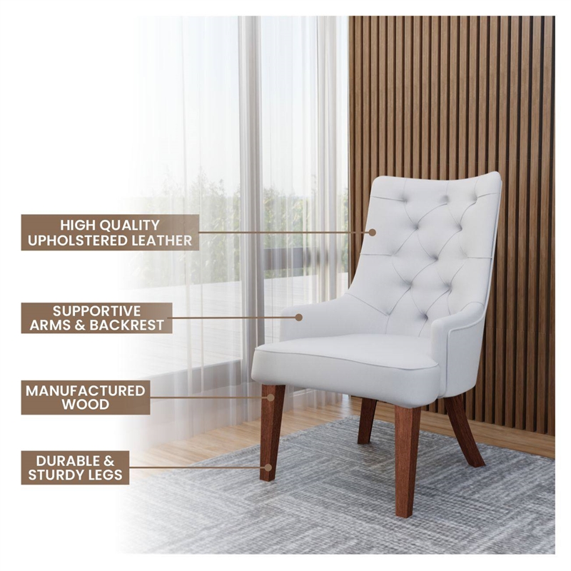 Leather Dining Chair Diamond-Tufted Side Chair in Rubberwood in Light Gray