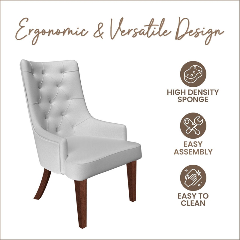 Leather Dining Chair Diamond-Tufted Side Chair in Rubberwood in Light Gray